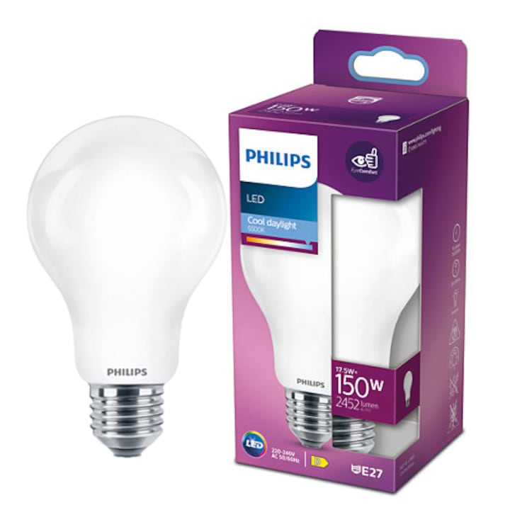 LED крушка Philips Classic A67, 17.5W (150W), 2452 лумена, Студена естествена светлина (6500K), Енергиен клас D