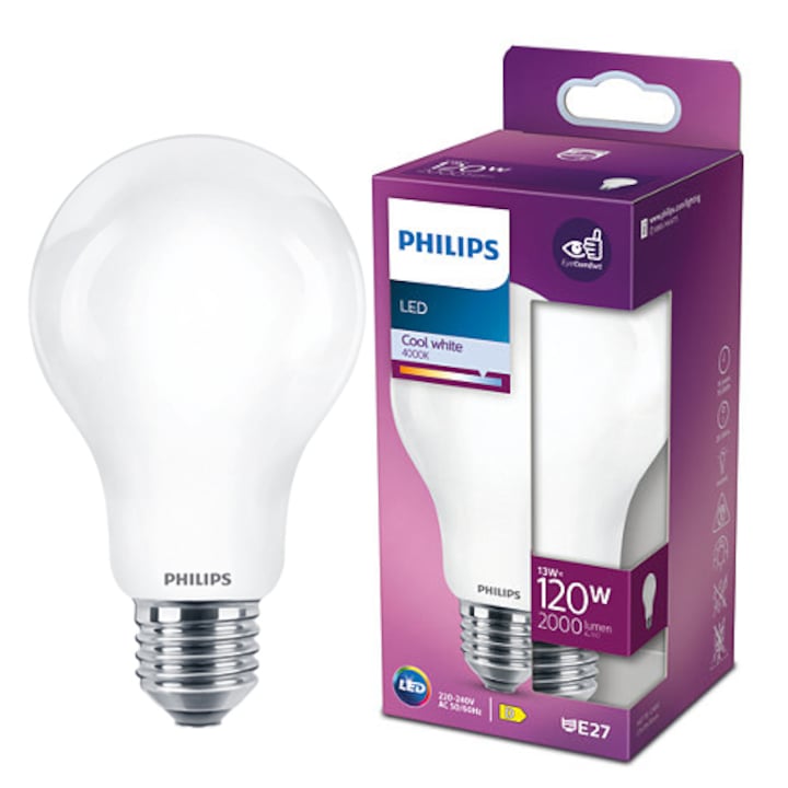 Bec LED Philips Classic A67, E27, 13W (120W), 2000 lm, lumina alba rece (4000K), clasa energetica D
