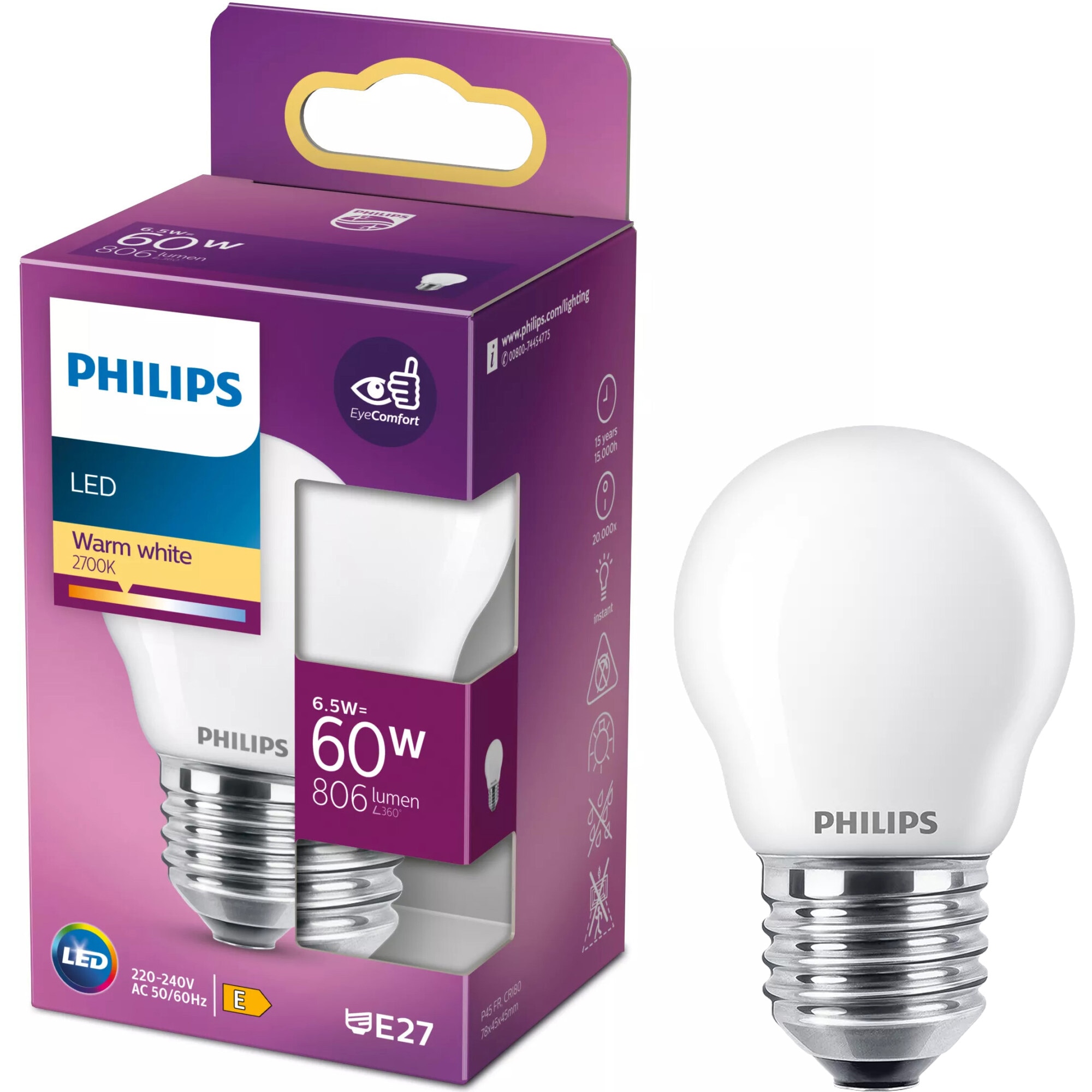 Bec LED Philips P45, E27, 6.5W (60W), 806 lm, lumina calda (2700K), Clasa energetice E