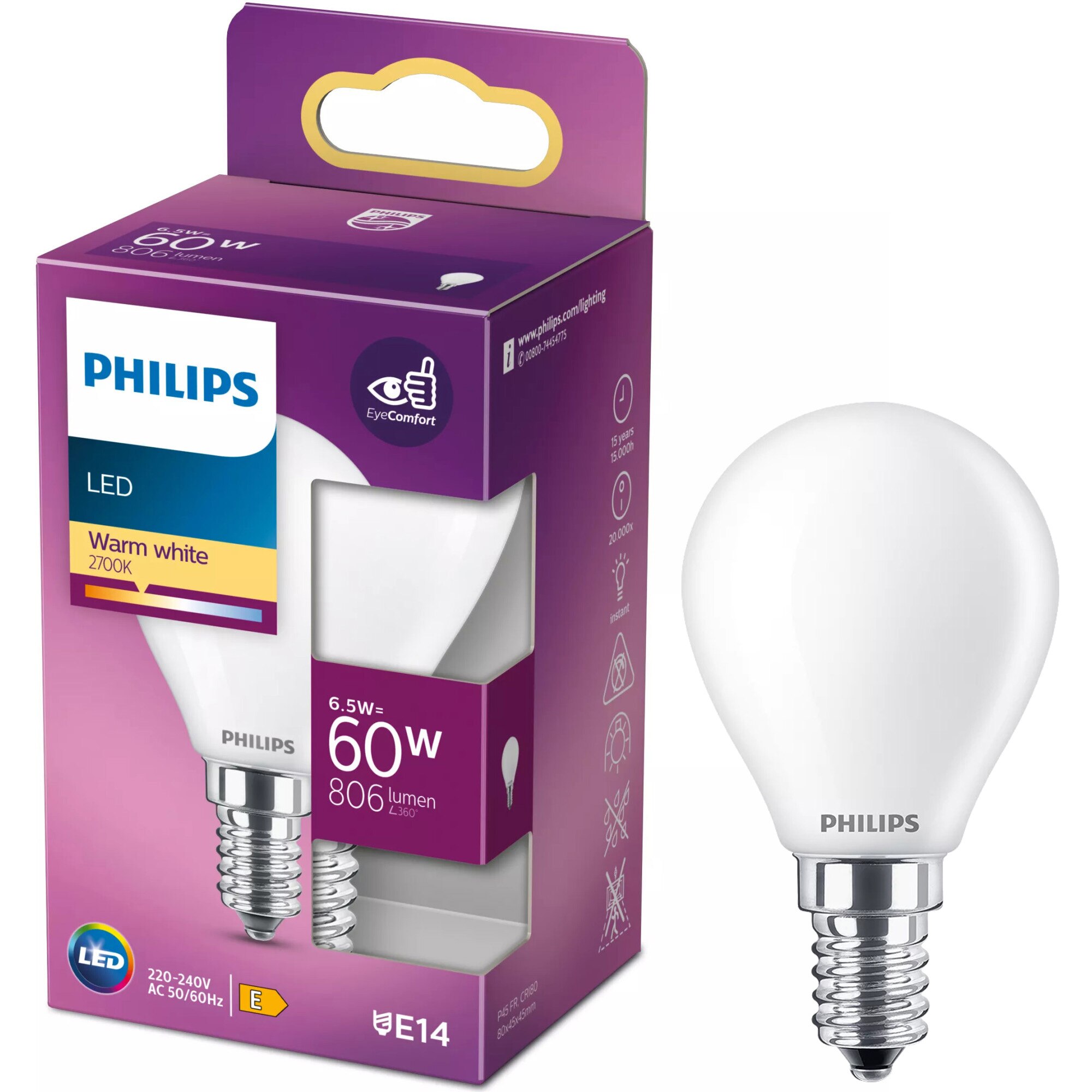 Bec LED Philips P45, E14, 6.5W (60W), 806 lm, lumina calda (2700K), Clasa energetica E