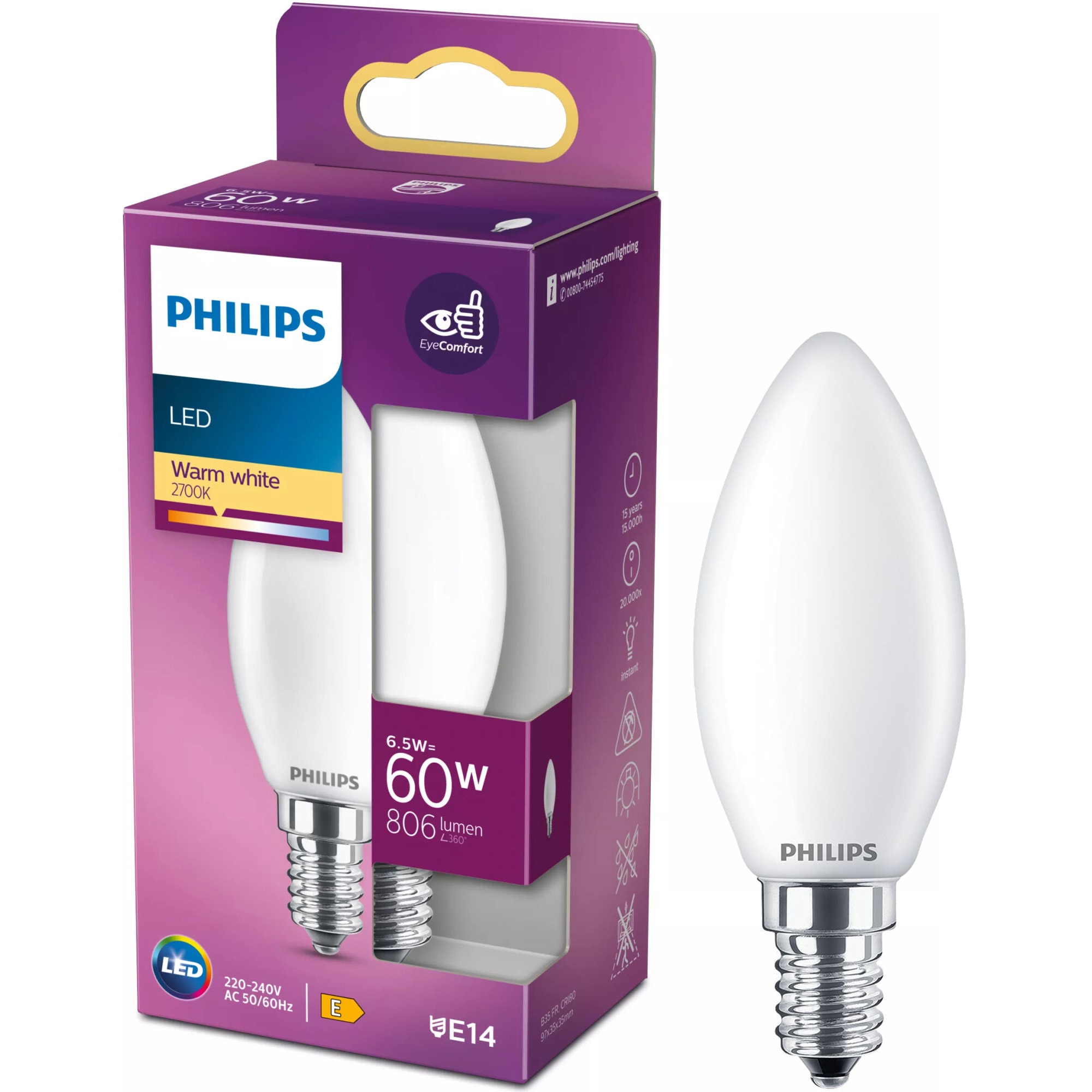 Bec LED lumanare Philips B35, E14, 6.5W (60W), 806 lm, lumina calda (2700K), Clasa energetica E