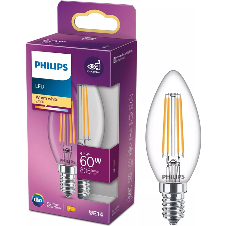 Крушка LED Philips, Тип свещ, С нажежаема жичка, E14, 6.5W (60W), 806 лумена, Топла светлина (2700K), Енергиен клас E