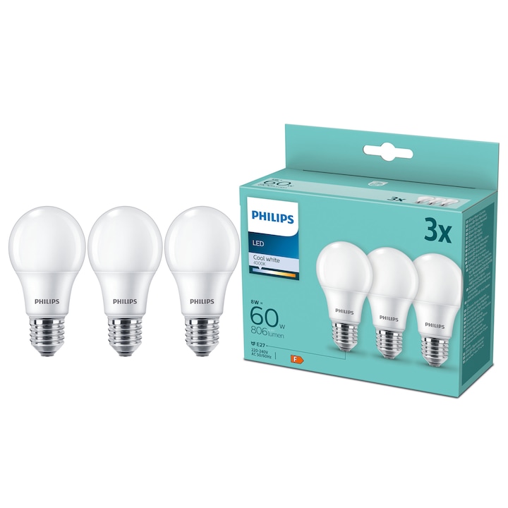 Pachet 3 becuri LED Philips, A60, E27, 8W (60W), 806 lm, lumina alba rece (4000K), clasa energetica F