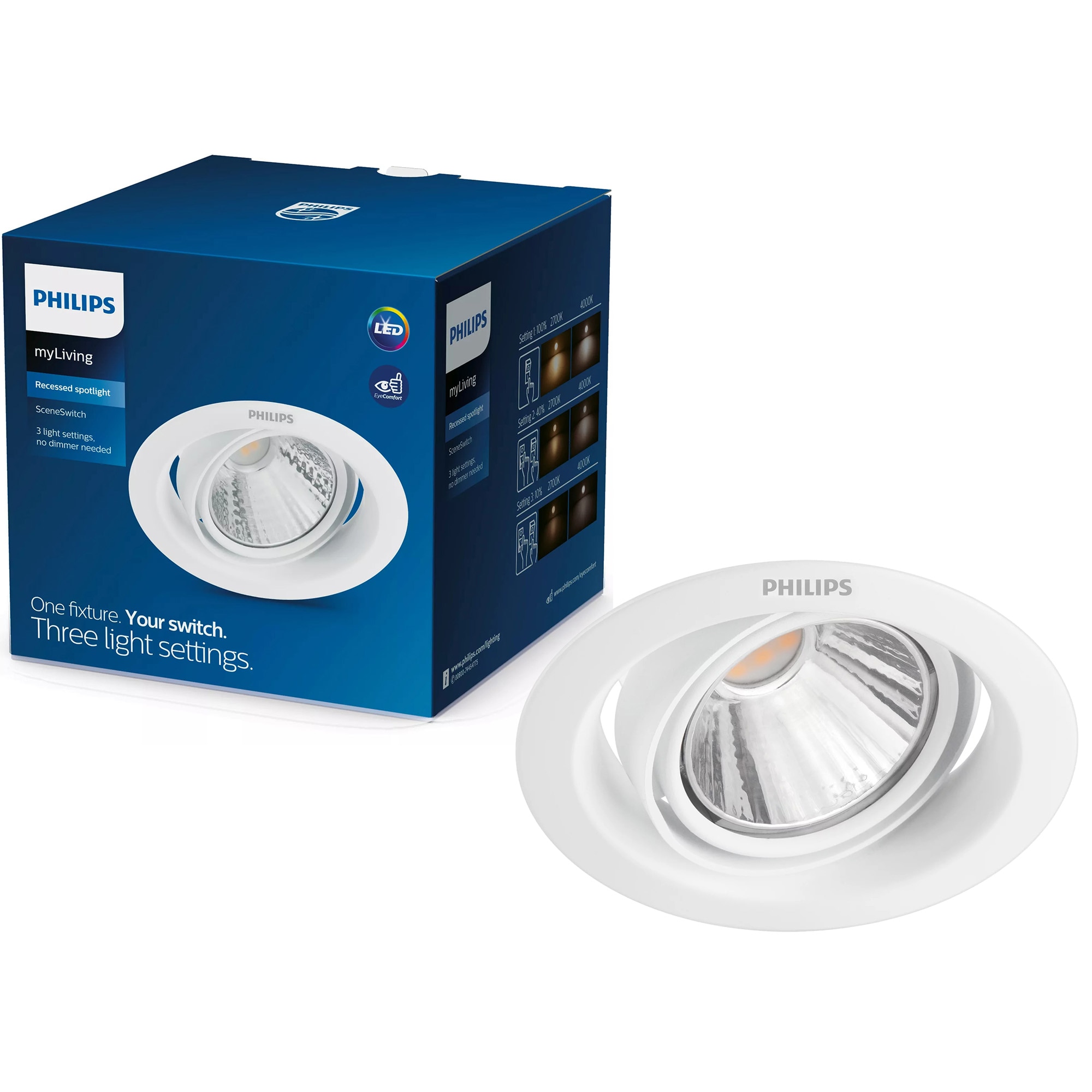 Spot LED incastrabil Philips Pomeron, 7W, 420 lm, intensitate luminoasa reglabila, lumina calda (2700K), IP20