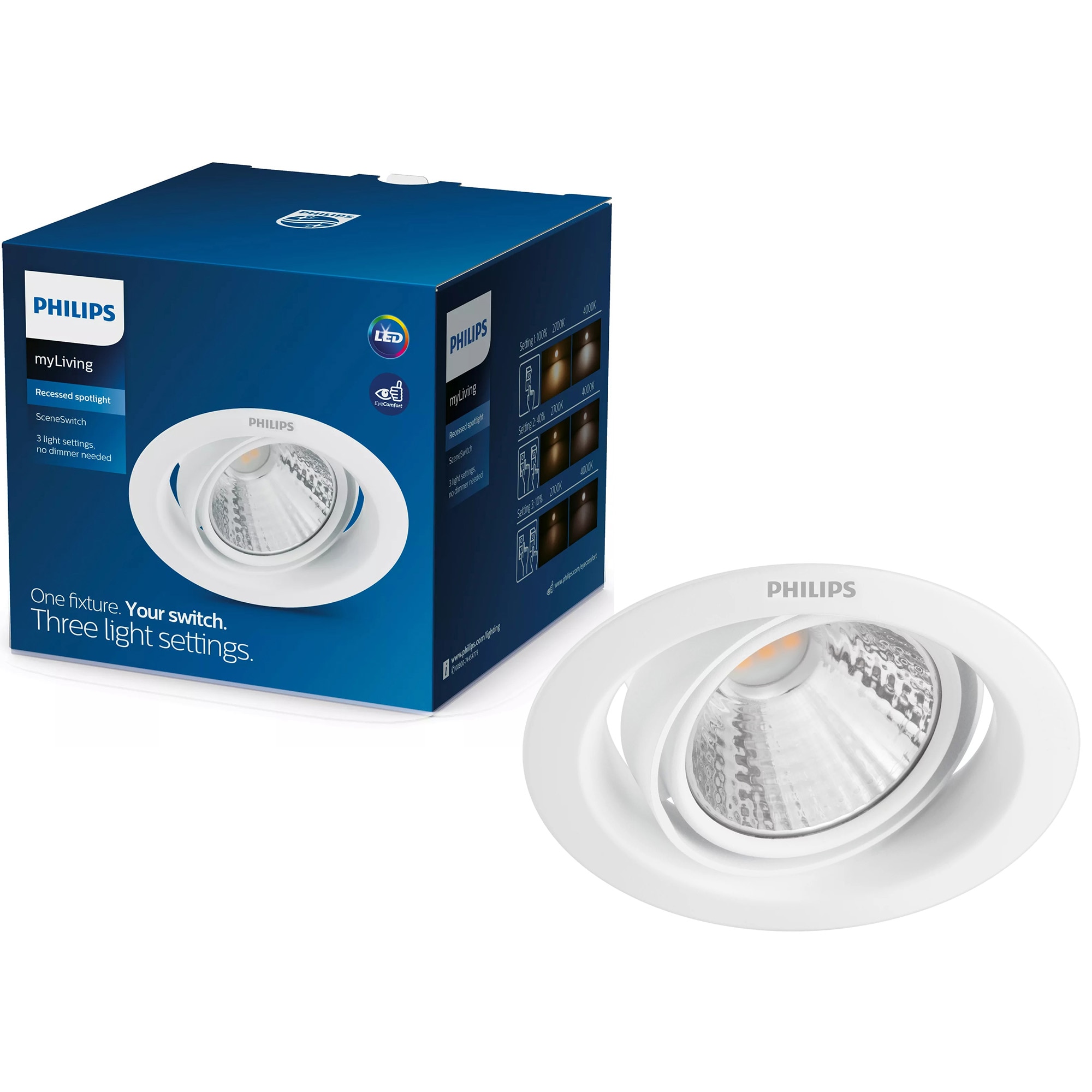 Spot LED incastrabil Philips Pomeron, 5W, 330 lm, intensitate luminoasa reglabila, lumina calda (2700K), IP20