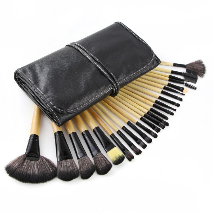 Set 24 pensule de machiaj profesional, Geanta depozitare, Par natural, Negru/Maro