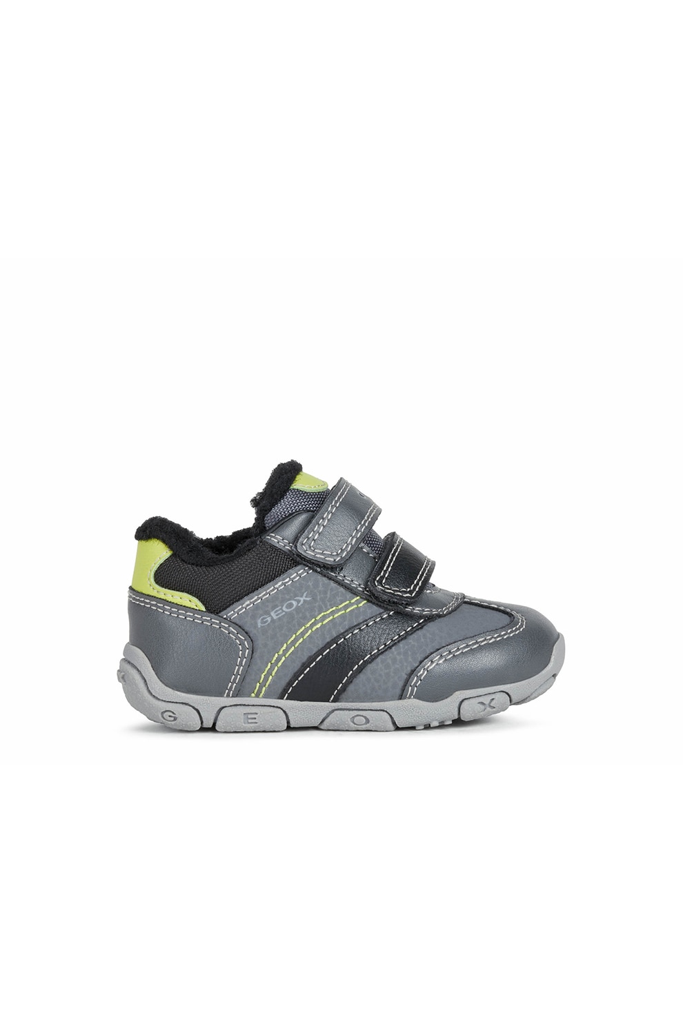 Geox, Pantofi sport de piele ecologica cu velcro, Gri/Verde lime