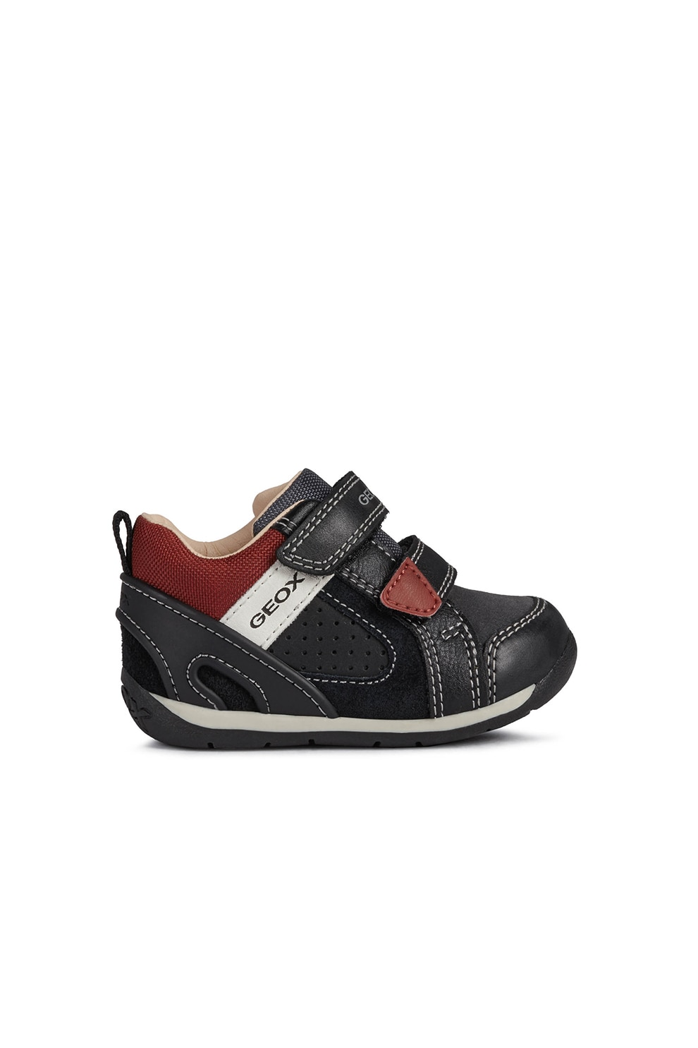 Geox, Pantofi sport cu inserti de piele Each, Negru/Rosu inchis
