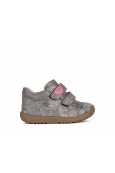 Geox, Pantofi de piele si piele intoarsa cu imprimeu floral, Gri/Roz Geox, Pantofi de piele si piele intoarsa cu imprimeu floral, Gri/Roz