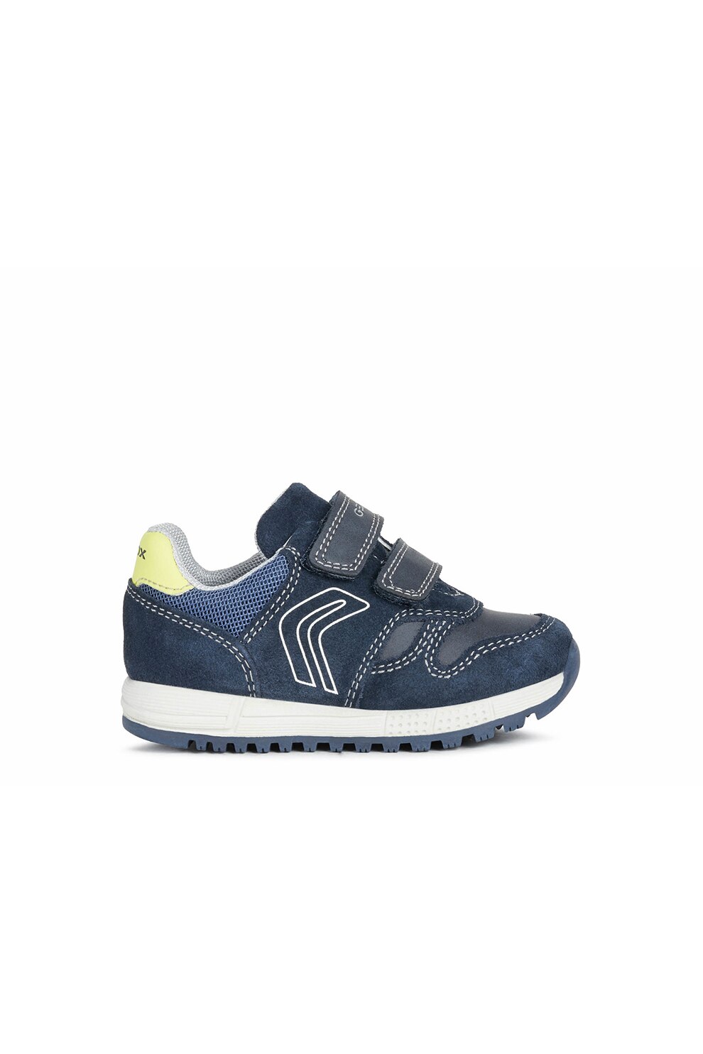 Geox, Pantofi sport cu insertii de piele intoarsa si velcro, Bleumarin/Galben pal