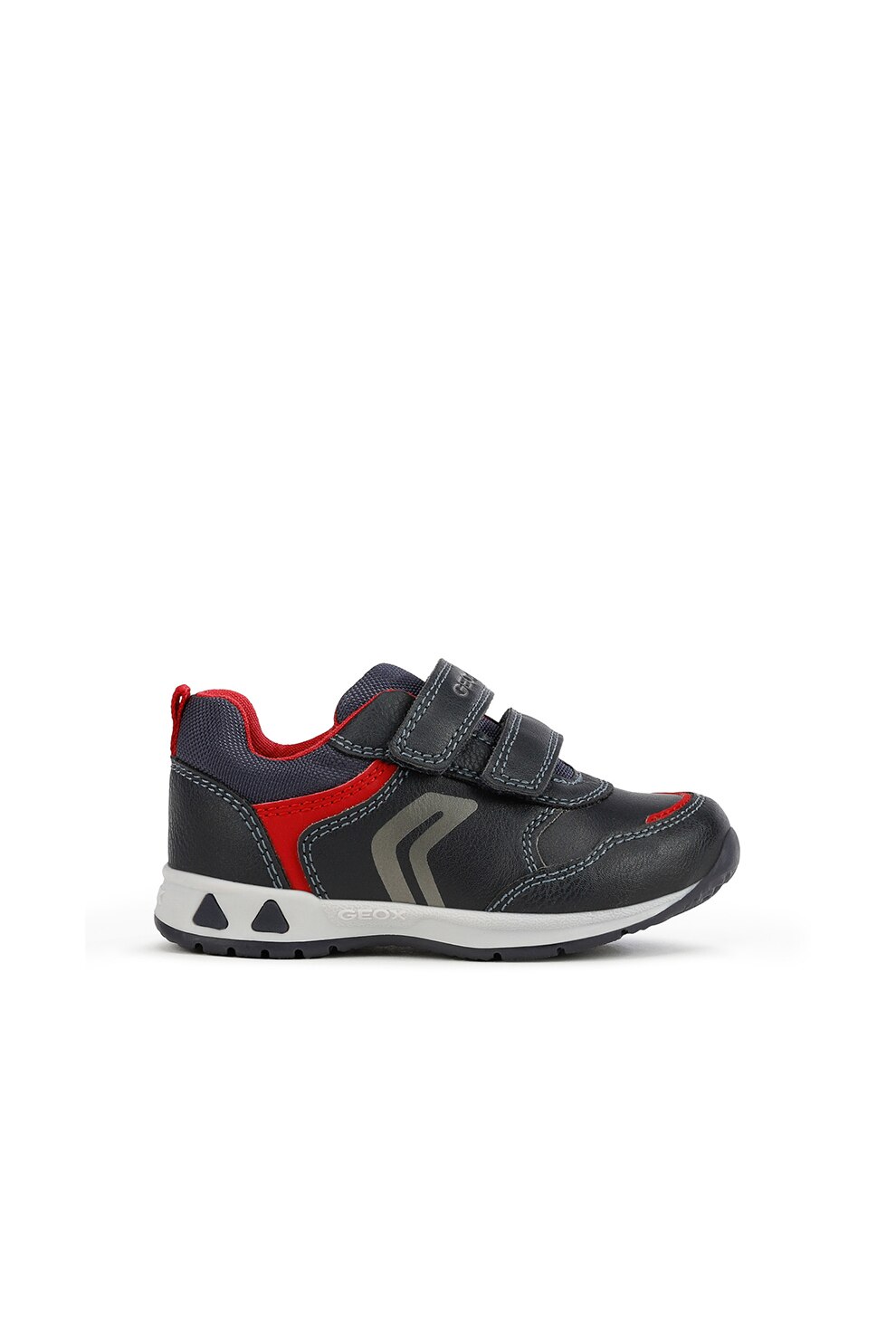 Geox, Pantofi sport de piele ecologica cu velcro, Bleumarin/Rosu