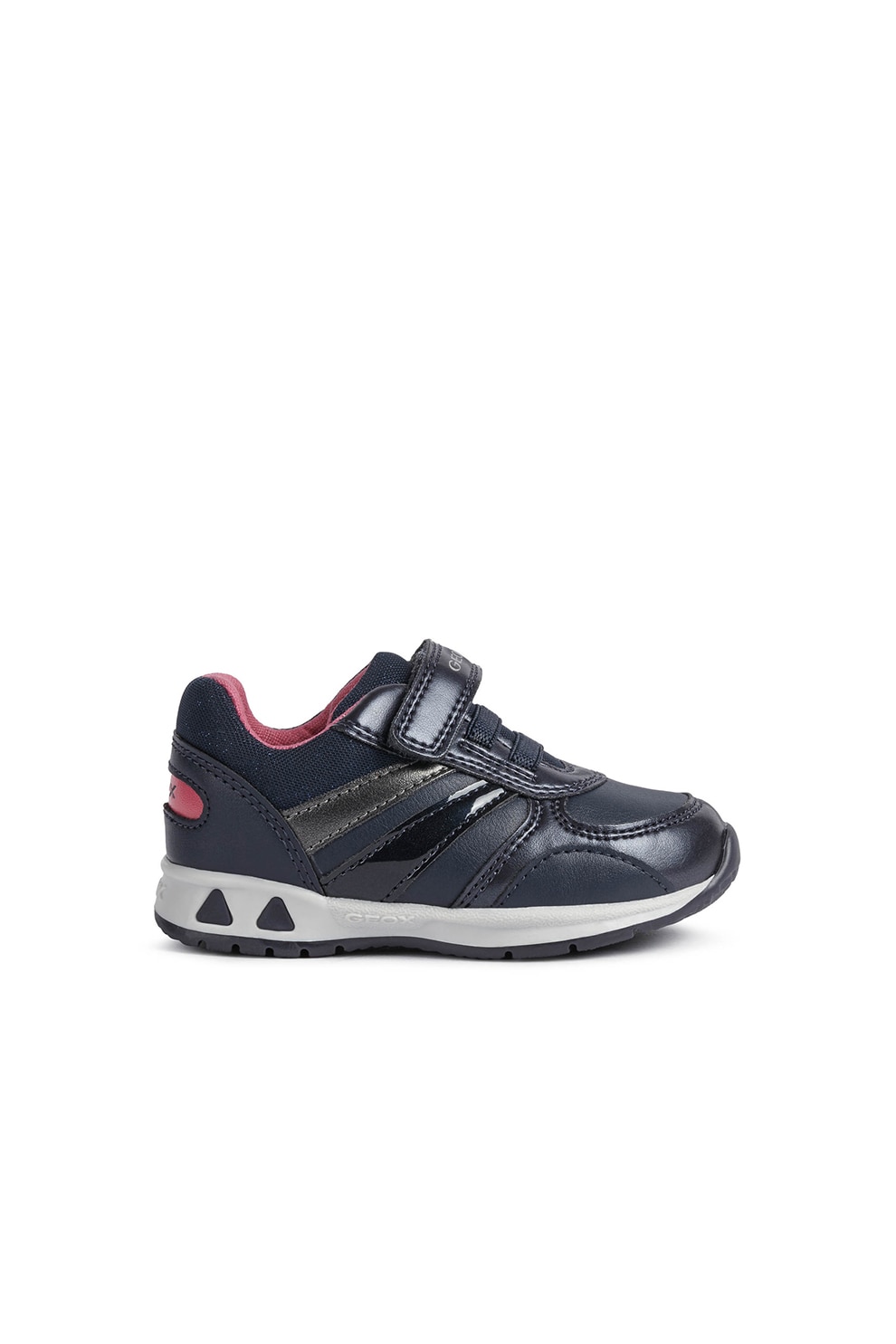 Geox, Pantofi sport de piele ecologica cu velcro, Bleumarin inchis/Roz