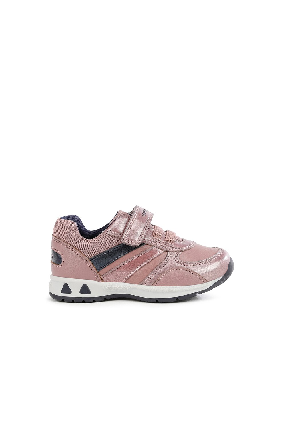Geox, Pantofi sport de piele ecologica cu velcro, Roz/Bleumarin inchis