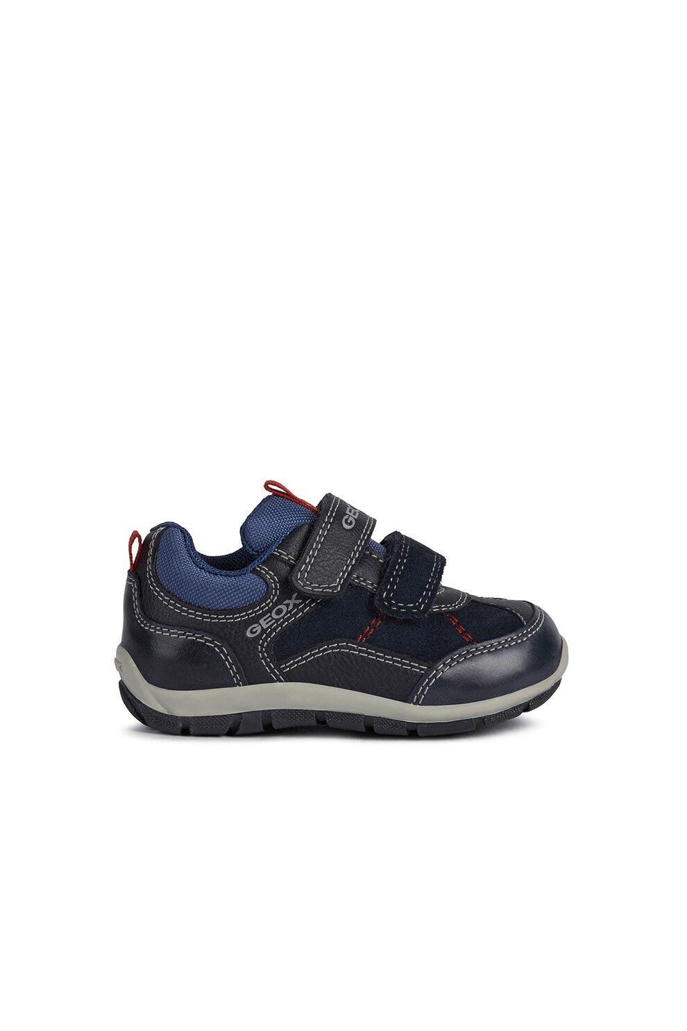 Geox, Pantofi sport cu insertii de piele intoarsa cu velcro, Bleumarin/Rosu inchis