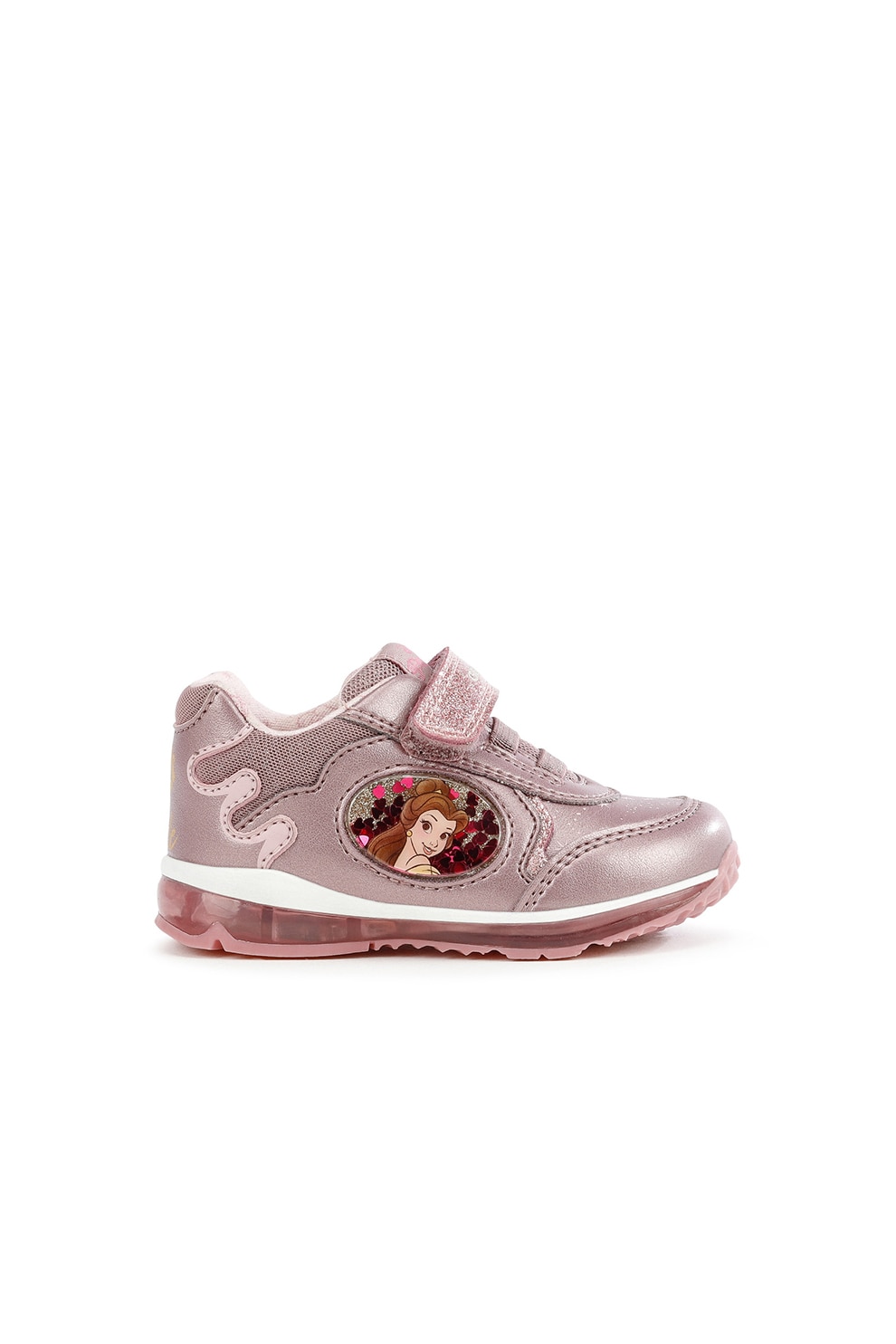 Geox, Pantofi sport de piele ecologica cu velcro si aplicatie Frumoasa si Bestia, Roz prafuit