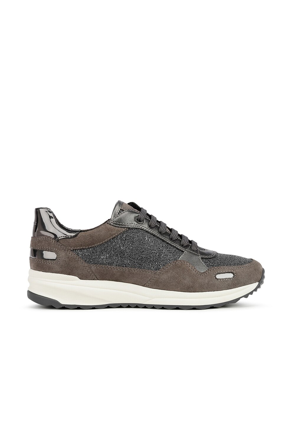 Geox, Pantofi sport de piele intoarsa cu garnituri cu aspect lacuit, Gri inchis/Maro taupe