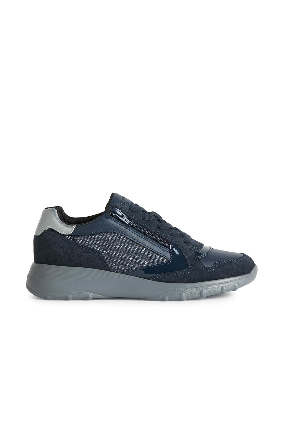 Geox, Pantofi sport cu insertii de piele intoarsa si panza, Bleumarin/Argintiu