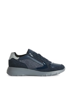 Geox, Pantofi sport cu insertii de piele intoarsa si panza, Bleumarin/Argintiu
