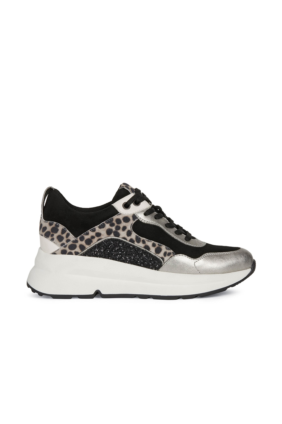Geox, Pantofi sport cu garnituri cu animal print Backsie, Negru/Argintiu inchis