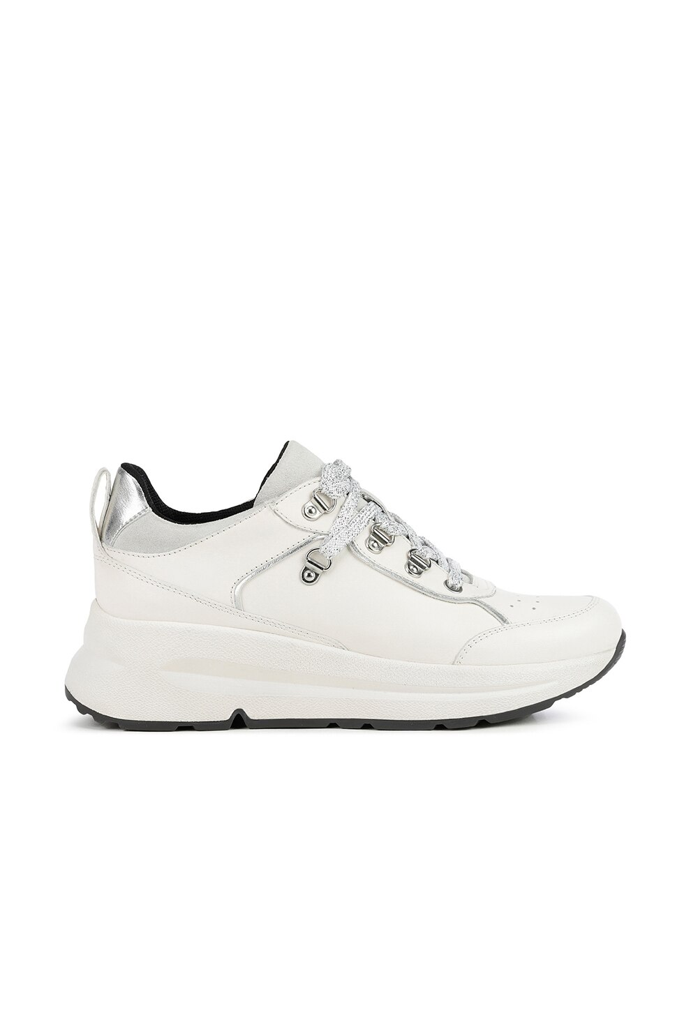 Geox, Pantofi sport de piele cu perforatii Backsie, Alb prafuit