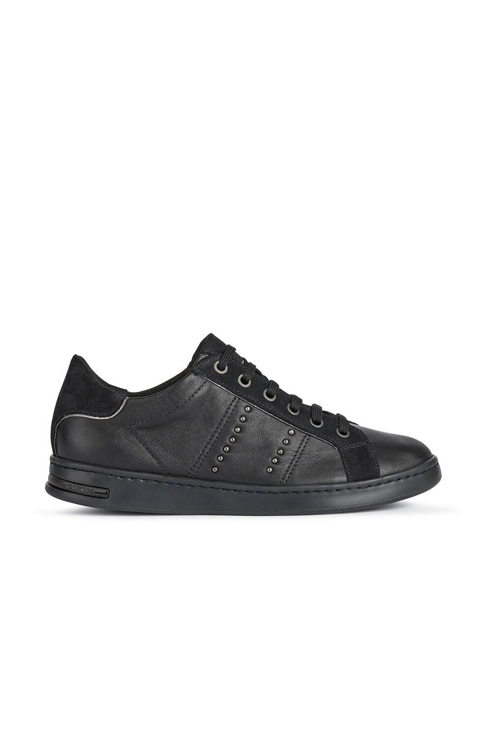 Geox, Pantofi sport de piele si piele intoarsa cu nituri metalice, Negru