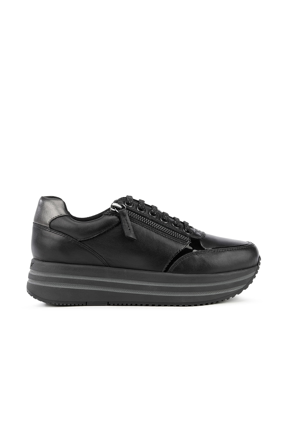 Geox, Pantofi sport flatform de piele cu detalii contrastante Kency, Negru/Argintiu inchis