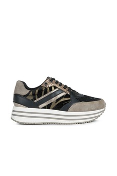 Geox, Pantofi sport flatform de piele cu detalii de catifea Kency, Maro camel/Auriu rose Geox, Pantofi sport flatform de piele cu detalii de catifea Kency, Maro camel/Auriu rose
