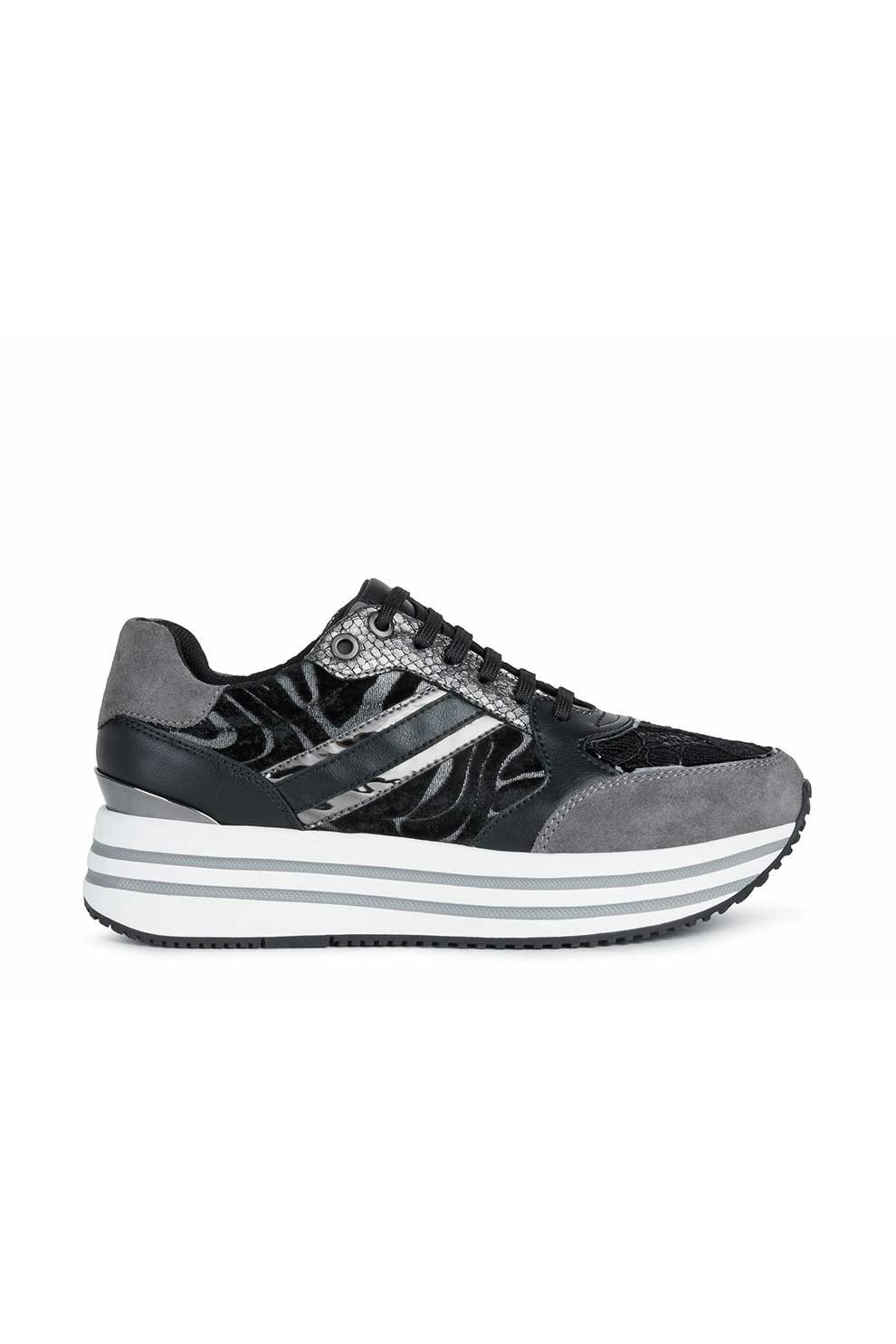Geox, Pantofi sport flatform de piele cu detalii de catifea Kency, Gri inchis