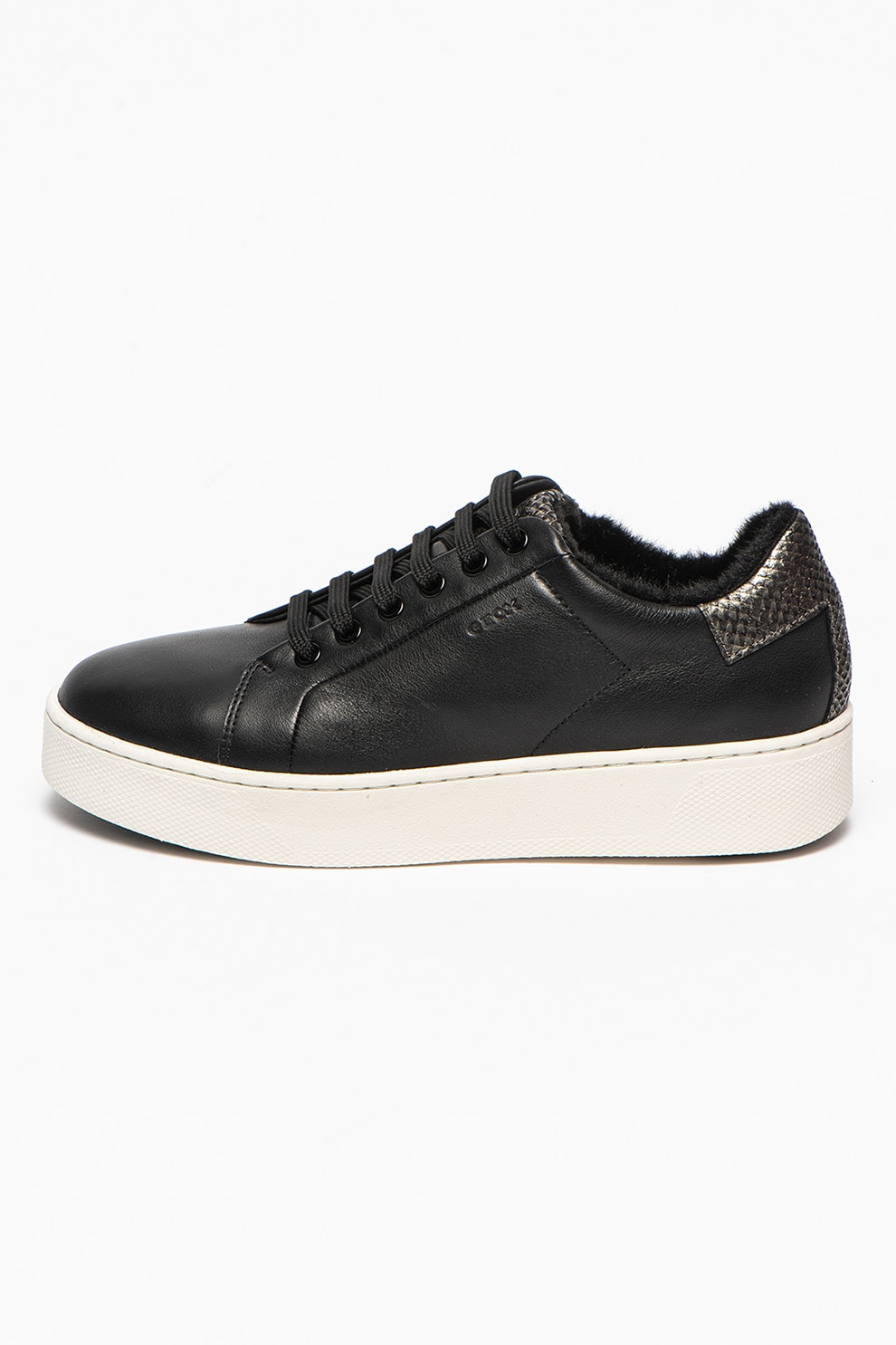 Geox, Pantofi sport de piele cu detalii de blana sintetica Skyely, Negru
