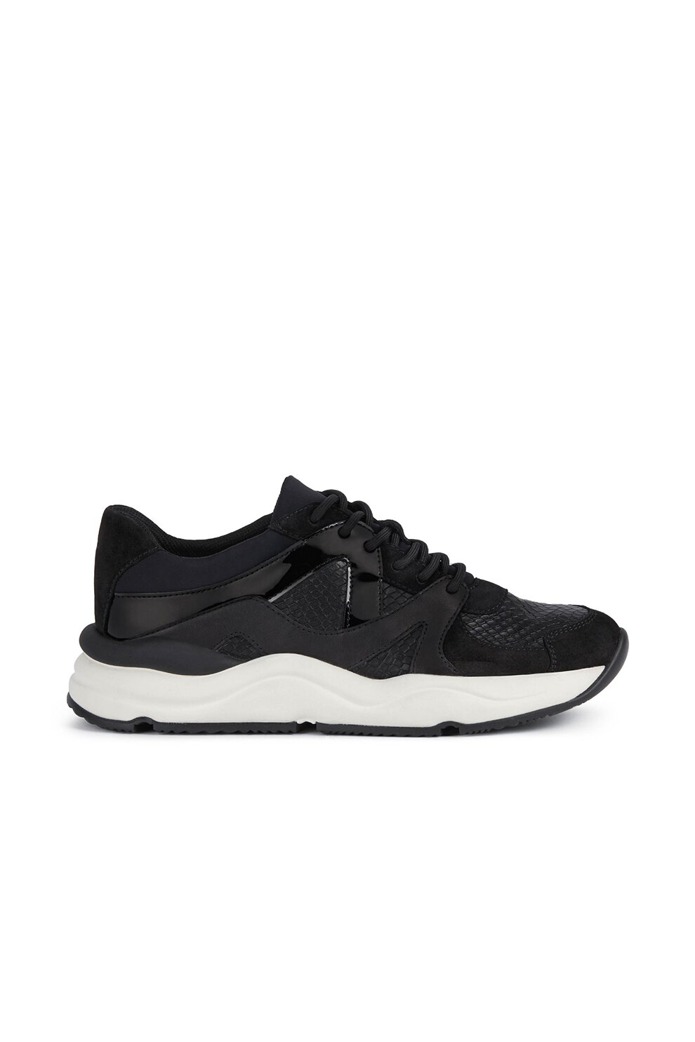 Geox, Pantofi sport de piele si piele intoarsa cu garnituri cu model piele de sarpe, Negru