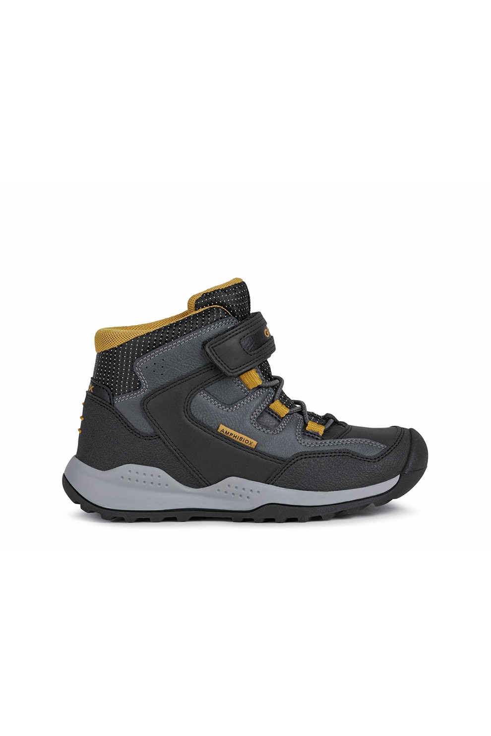 Geox, Pantofi sport mid-high de piele ecologica si material textil, Negru/Galben, 29 EU