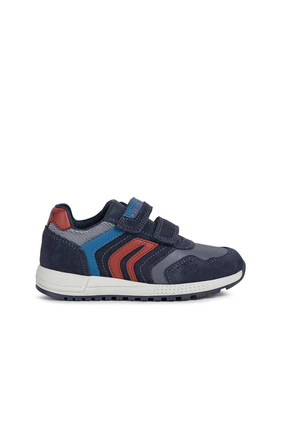 Geox, Pantofi sport cu velcro si garnituri de piele intoarsa, Bleumarin/Rosu