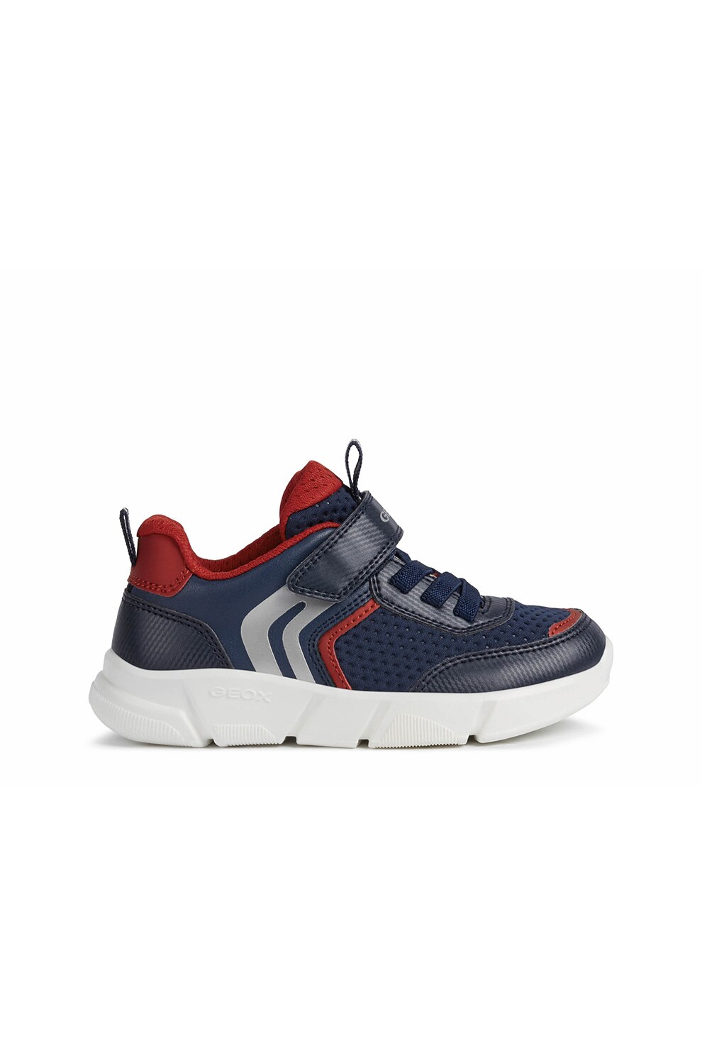 Geox, Pantofi sport cu velcro si insertii de plasa, Bleumarin/Rosu