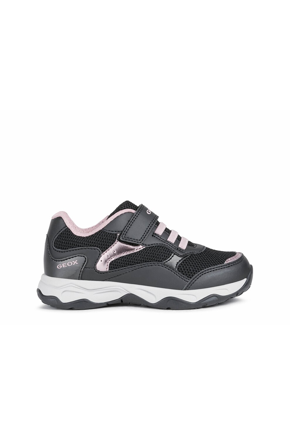 Geox, Pantofi sport de piele ecologica cu velcro si garnituri de plasa, Negru/Roz