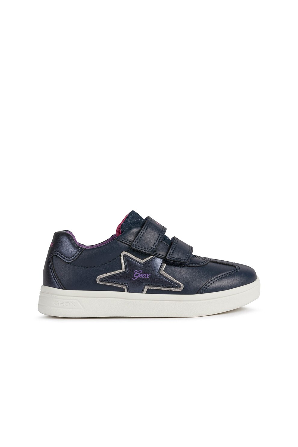 Geox, Pantofi sport de piele ecologica cu velcro, Bleumarin/Roz