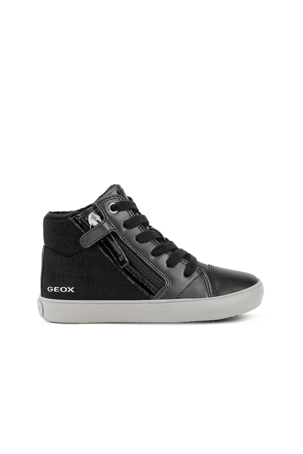 Geox, Pantofi sport mid-high de piele ecologica cu aspect metalizat Gisli, Negru/Argintiu inchis, 24 EU