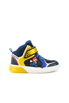 Geox, Pantofi sport mid-high cu detalii cu desene animate, Albastru royal/Galben, 24 EU Geox, Pantofi sport mid-high cu detalii cu desene animate, Albastru royal/Galben, 24 EU