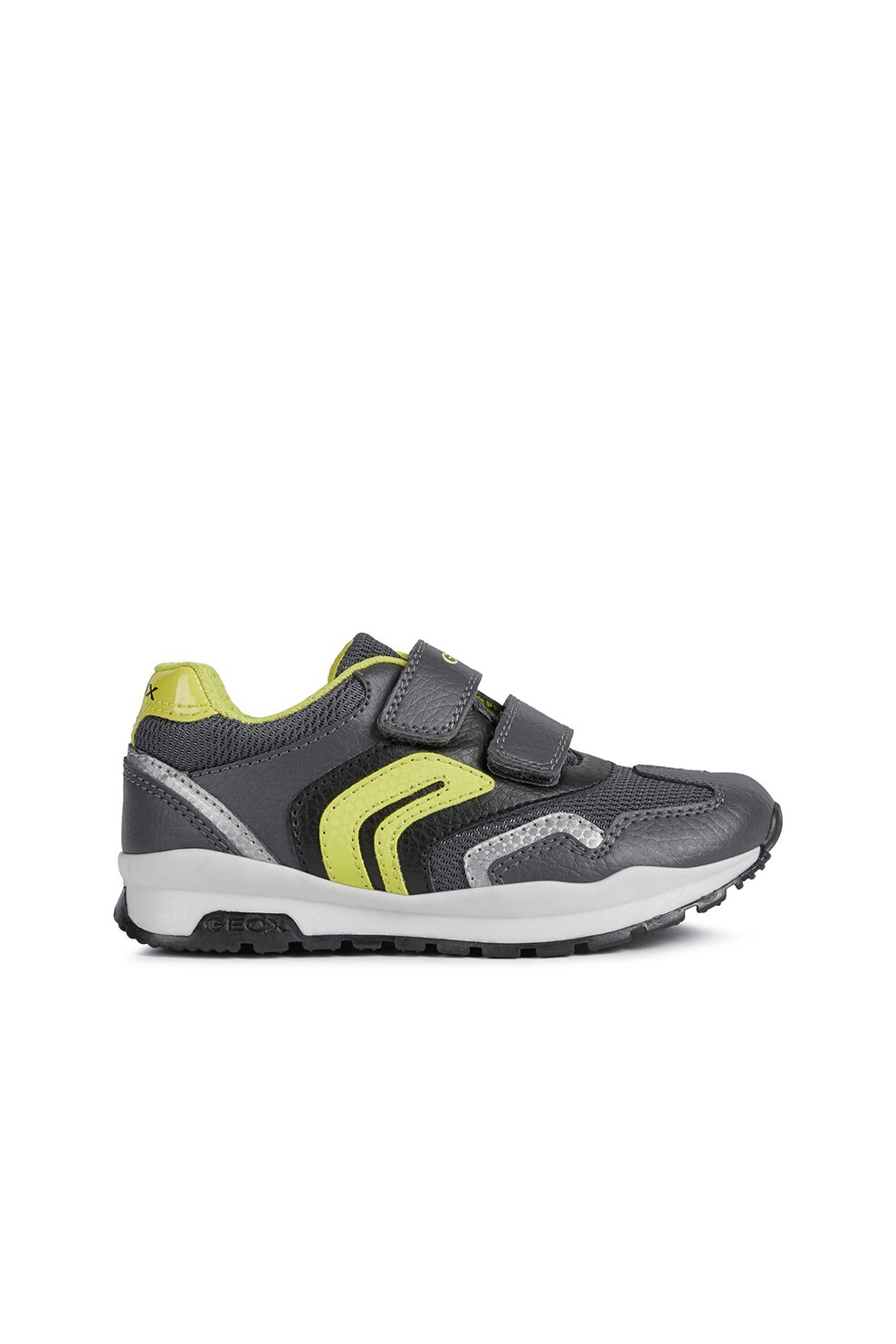 Geox, Pantofi sport de piele ecologica cu velcro, Gri inchis/Galben