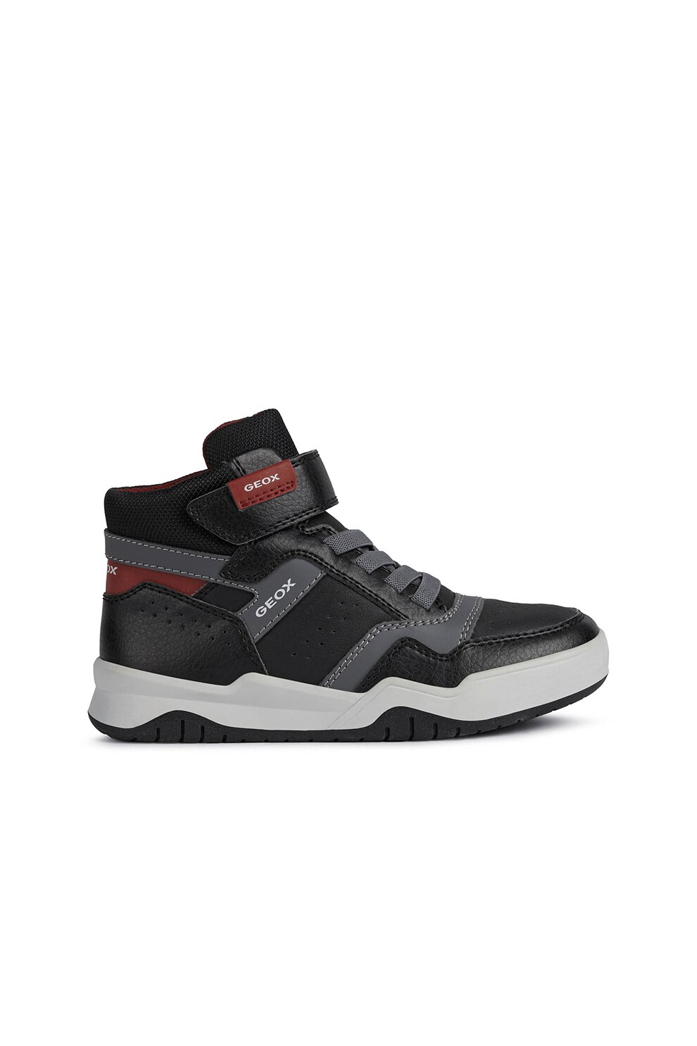 Geox, Pantofi sport de piele ecologica Perth, Negru/Rosu inchis/Gri, 33 EU