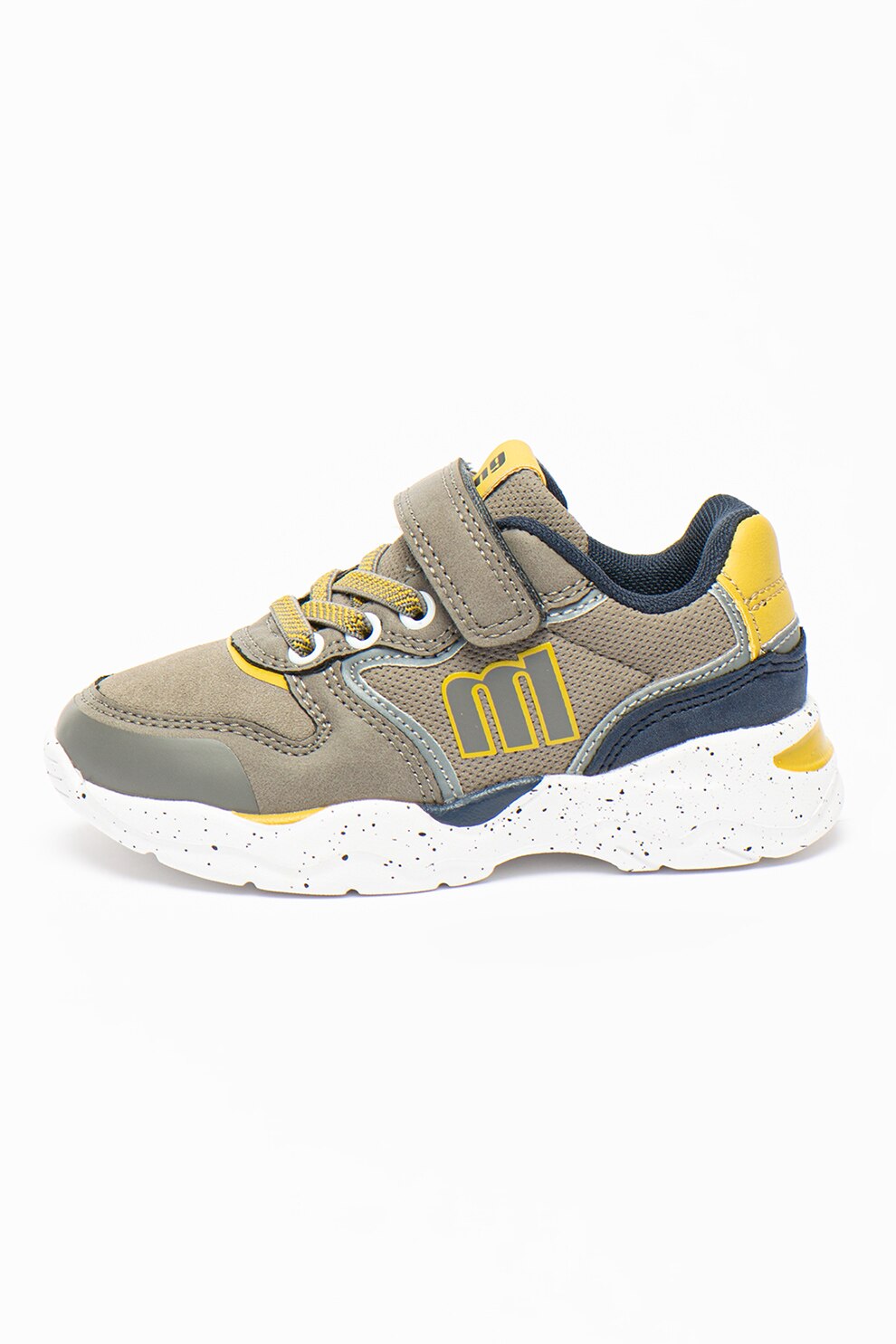 MTNG, Pantofi sport cu velcro si insertii de piele ecologica, Gri inchis/Bleumarin/Galben