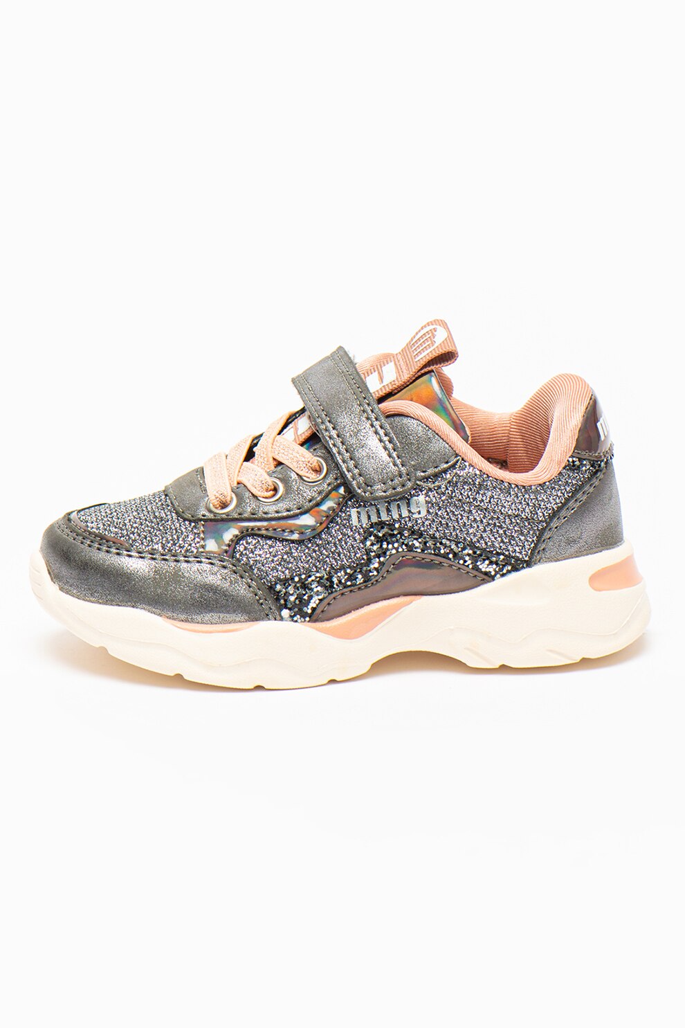 MTNG, Pantofi sport cu velcro si aspect stralucitor, gri inchis, argintiu, roz