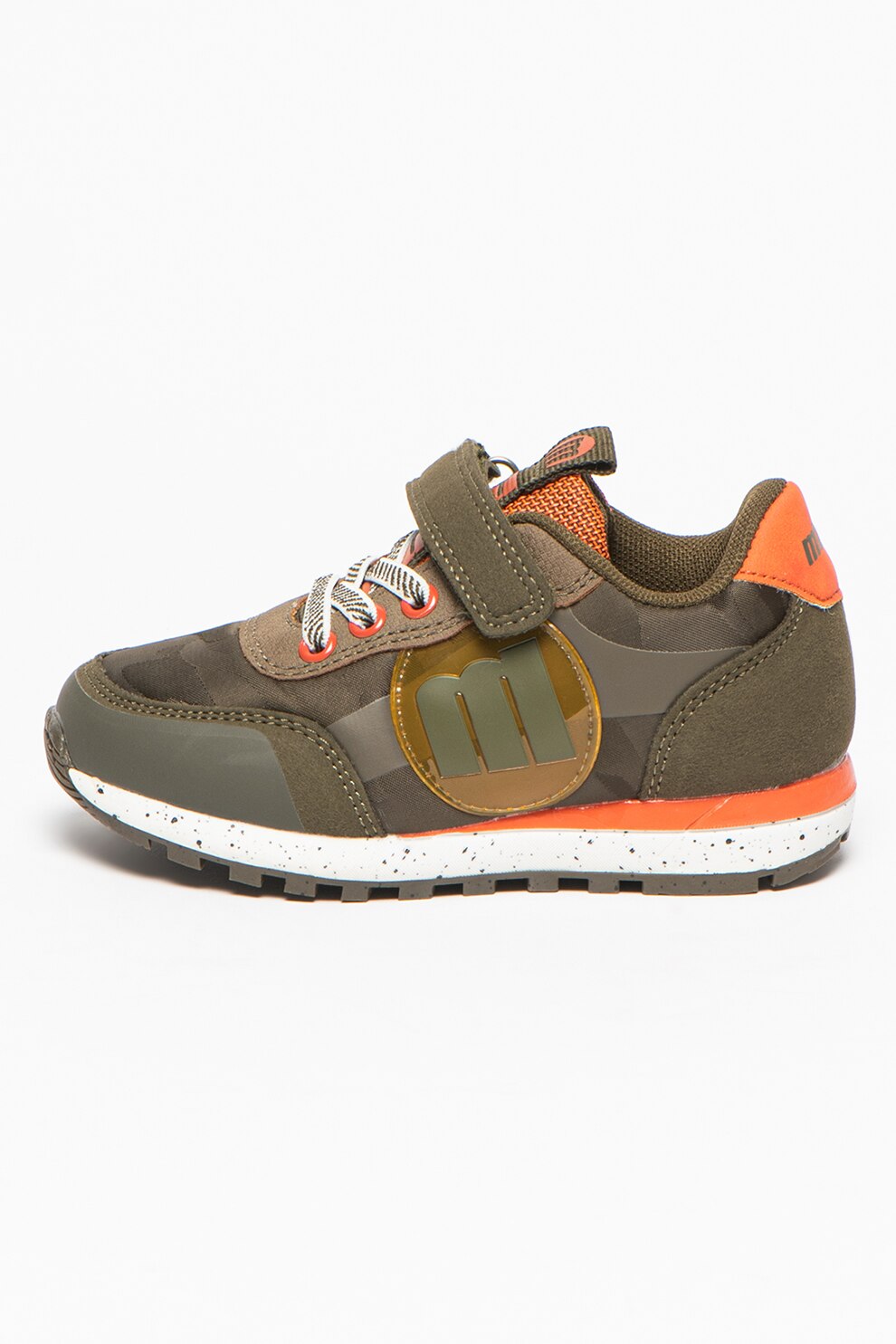 MTNG, Pantofi sport cu velcro si insertii de piele intoarsa sintetica, Verde militar/Corai