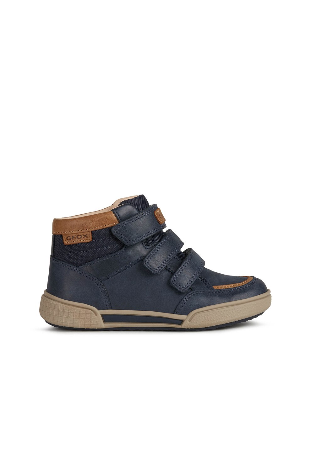 Geox, Pantofi sport de piele cu logo Poseido, Bleumarin/Maro caramel, 29 EU