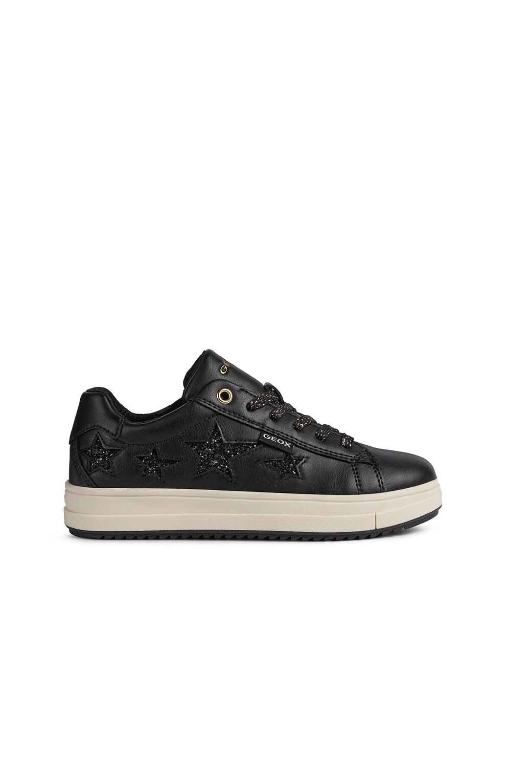 Geox, Pantofi sport low-top cu aplicatie stralucitoare in forma de stea Rebecca, Negru/Auriu deschis