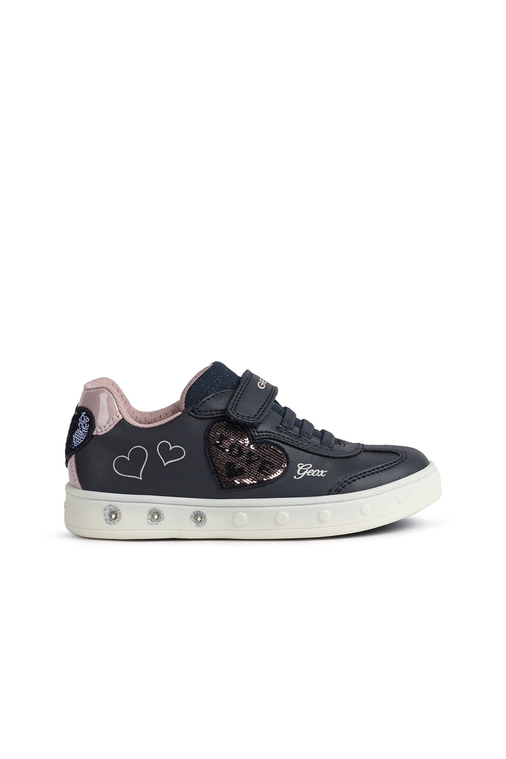 Geox, Pantofi sport low-top de piele ecologica cu LED-uri Skylin, Bleumarin inchis/Roz