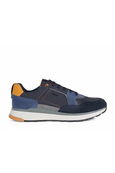 Geox, Pantofi sport cu insertii de piele intoarsa, Bleumarin/Oranj
