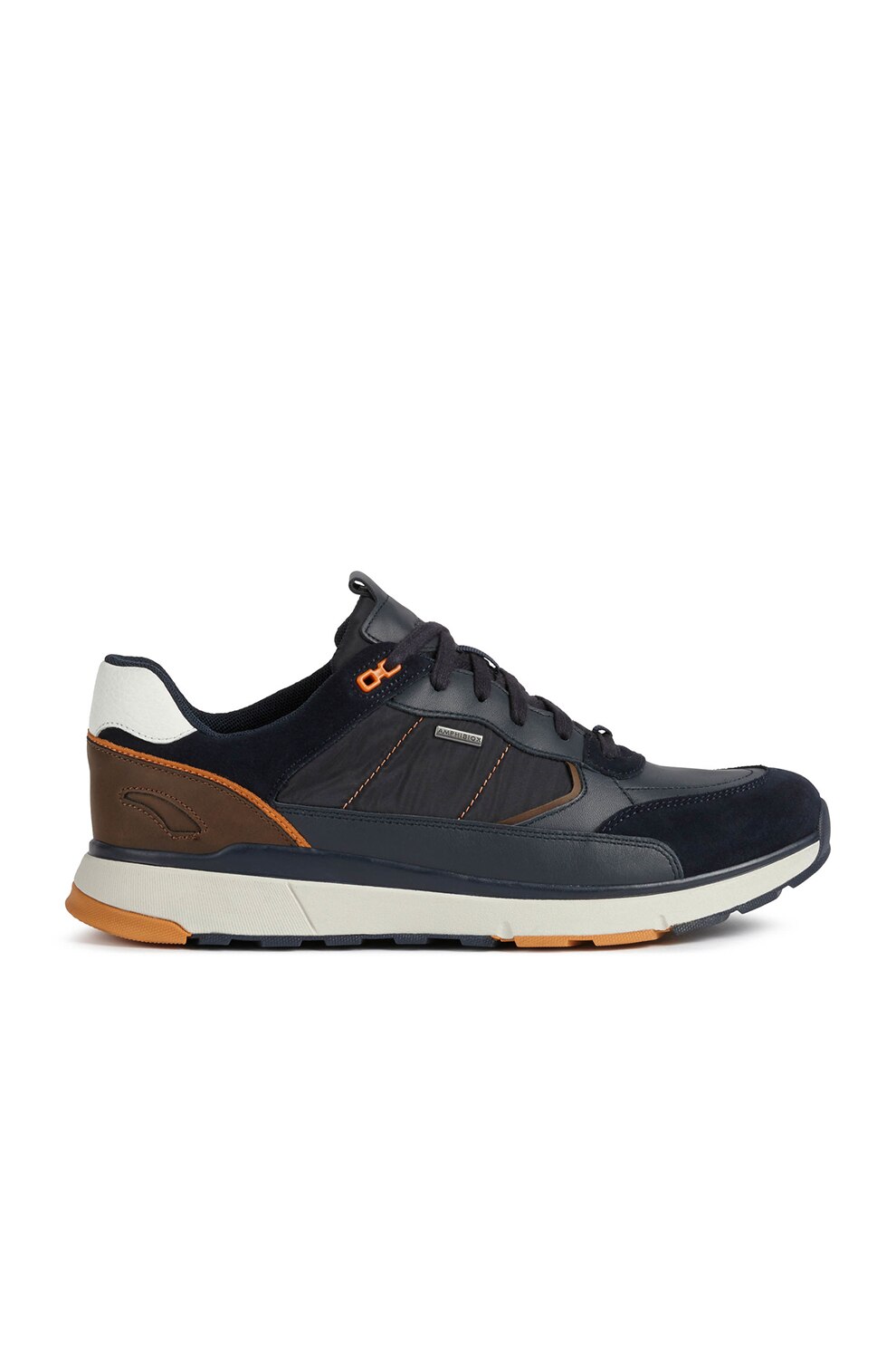 Geox, Pantofi sport cu insertii de piele intoarsa si piele, Bleumarin/Maro scortisoara
