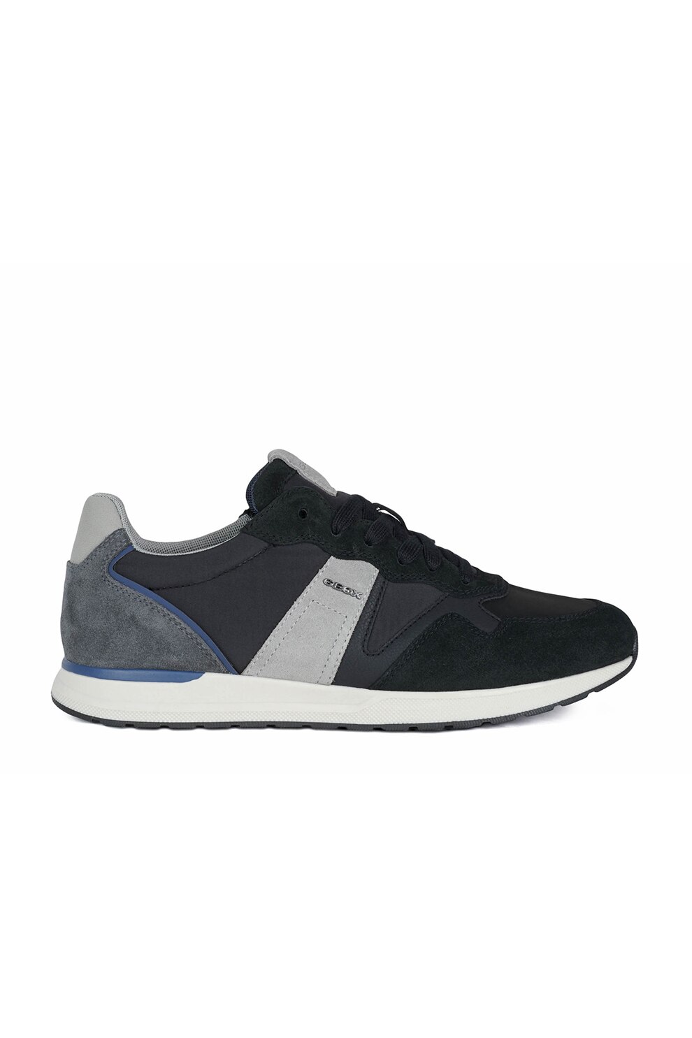 Geox, Pantofi sport cu insertii de piele intoarsa si piele, Negru/Albastru prafuit