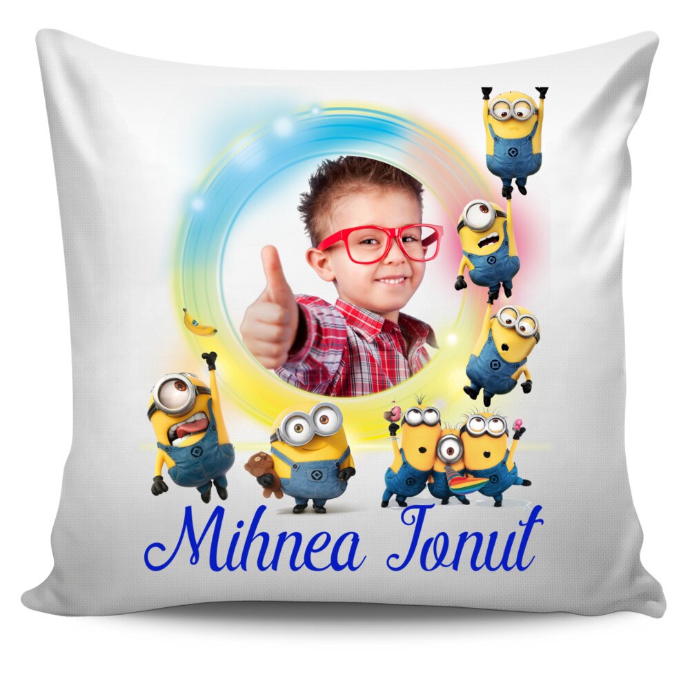 Perna personalizata Minion cu poza si text , Aniversare , Onomastica , Ziua Copilului, 40x40 cm
