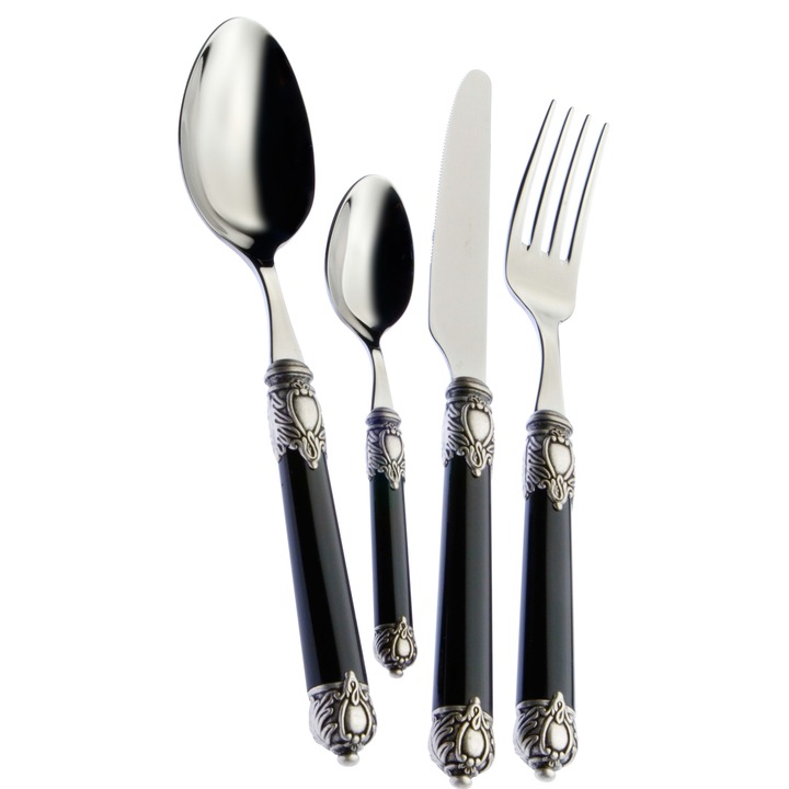 Set 24 tacamuri Casa Bugatti, Rinascimento Old-silver, pentru 6 persoane, inel placat cu argint, finisaj marmura, otel inoxidabil 18/10, design vintage, cutie de lux de prezentare, negru